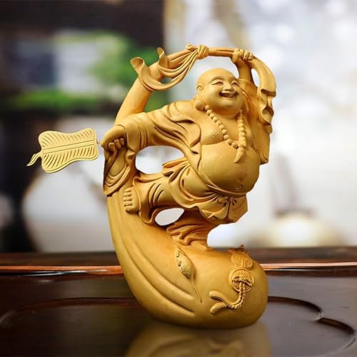 Miniatura 7 de xiledu Estatua de Buda sonriente, figura de Buda de la suerte de madera maciza, decoración de oficina en casa, escultura decorativa de Buda bailarín
