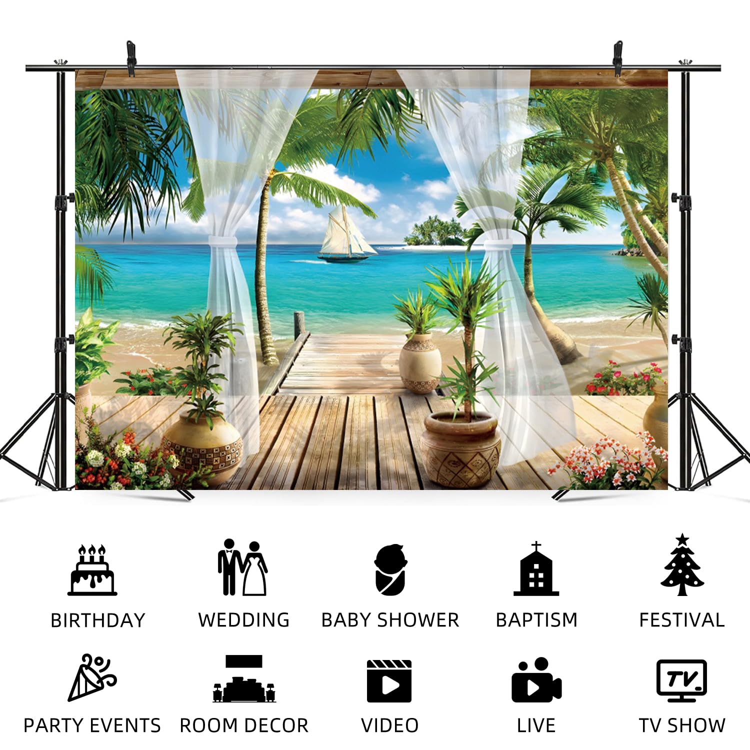 3 x 2,4 m mare tropicale sfondo paradiso spiaggia villa terrazza vista fotografia sfondo palme blu oceano isola barca a vela banner decorazioni estate festa a tema ritratto foto stand puntello