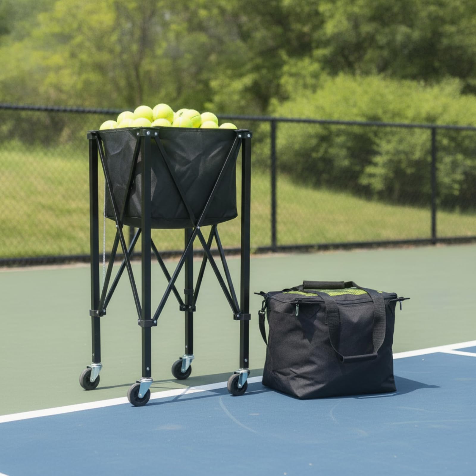 Amagogo Raccoglipalline da Tennis Carrello Raccattapalle Carrello Palline Contenitore Pieghevole con Ruote Girevoli Manici Superiori E Telaio in Ferro Leggero