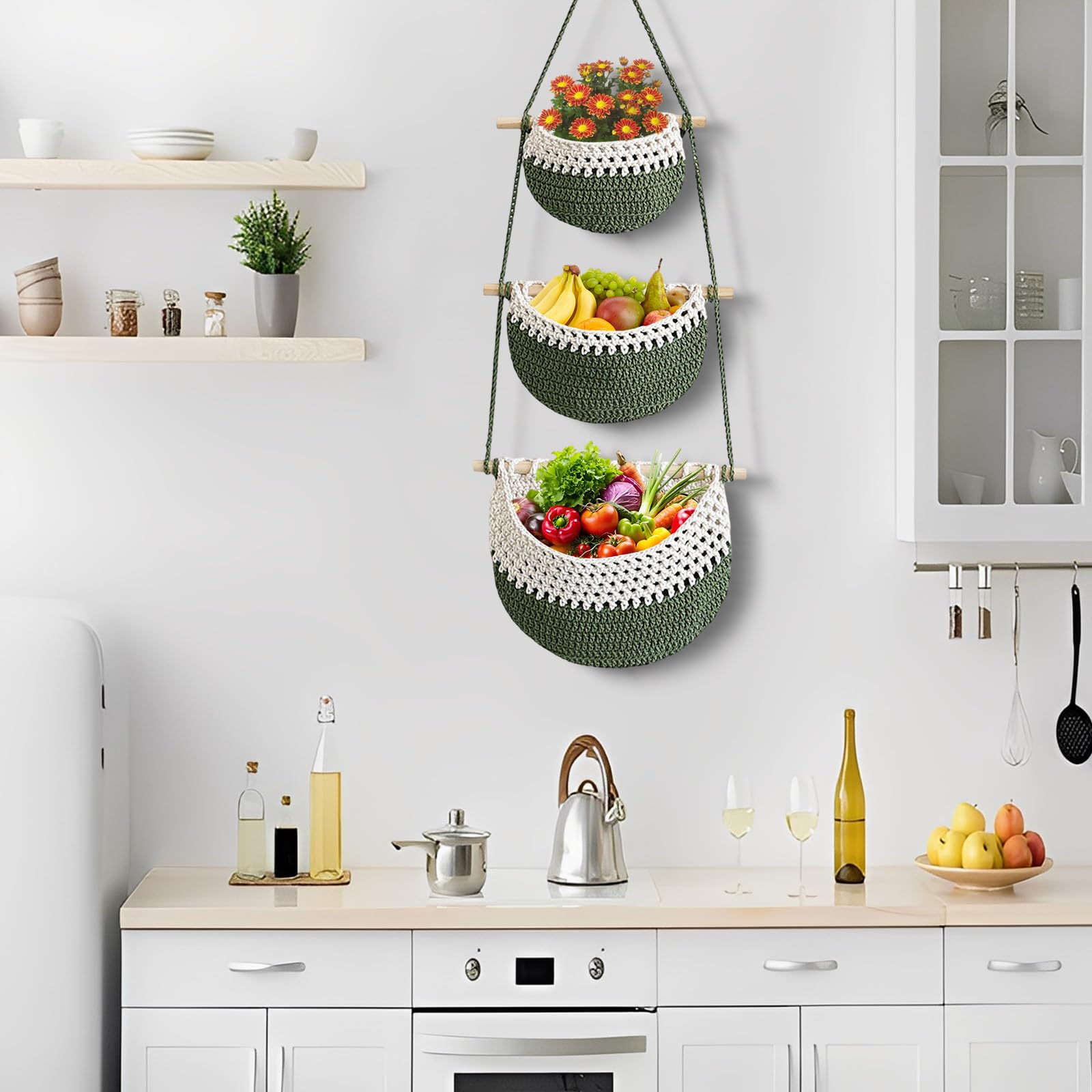 Obstkorb Hängend,3 Stöckiger Obst Hängekorb Küche Obst,Hängende Obstkörbe,Obstkorb Handgewebte Aufbewahrungskörbe Für Küche,Wohnzimmer, Badezimmer,Schlafzimmer (Weiß + Grün)