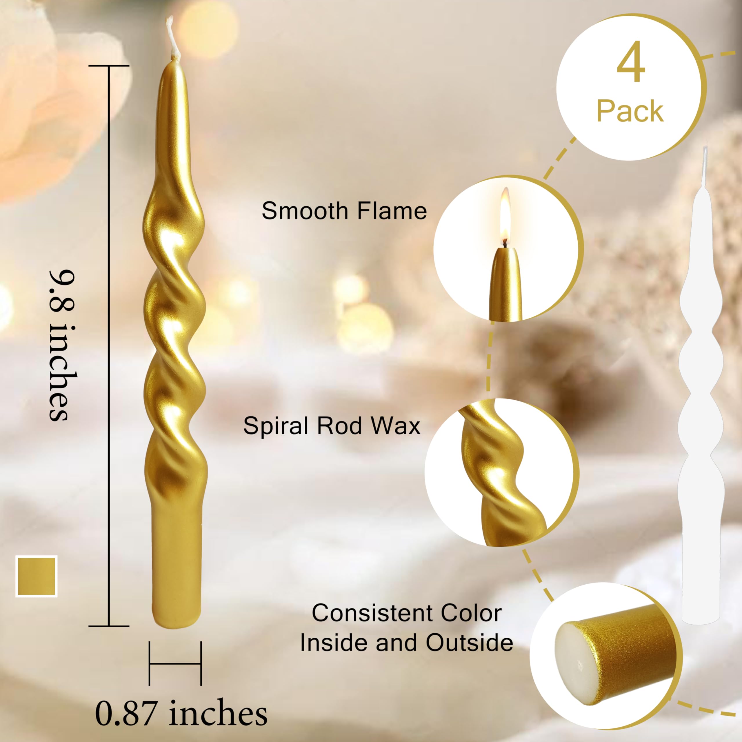 Velas en espiral de Navidad, velas cónicas doradas, candelabro sin perfume para regalo de invierno, vacaciones, Navidad, decoración del hogar