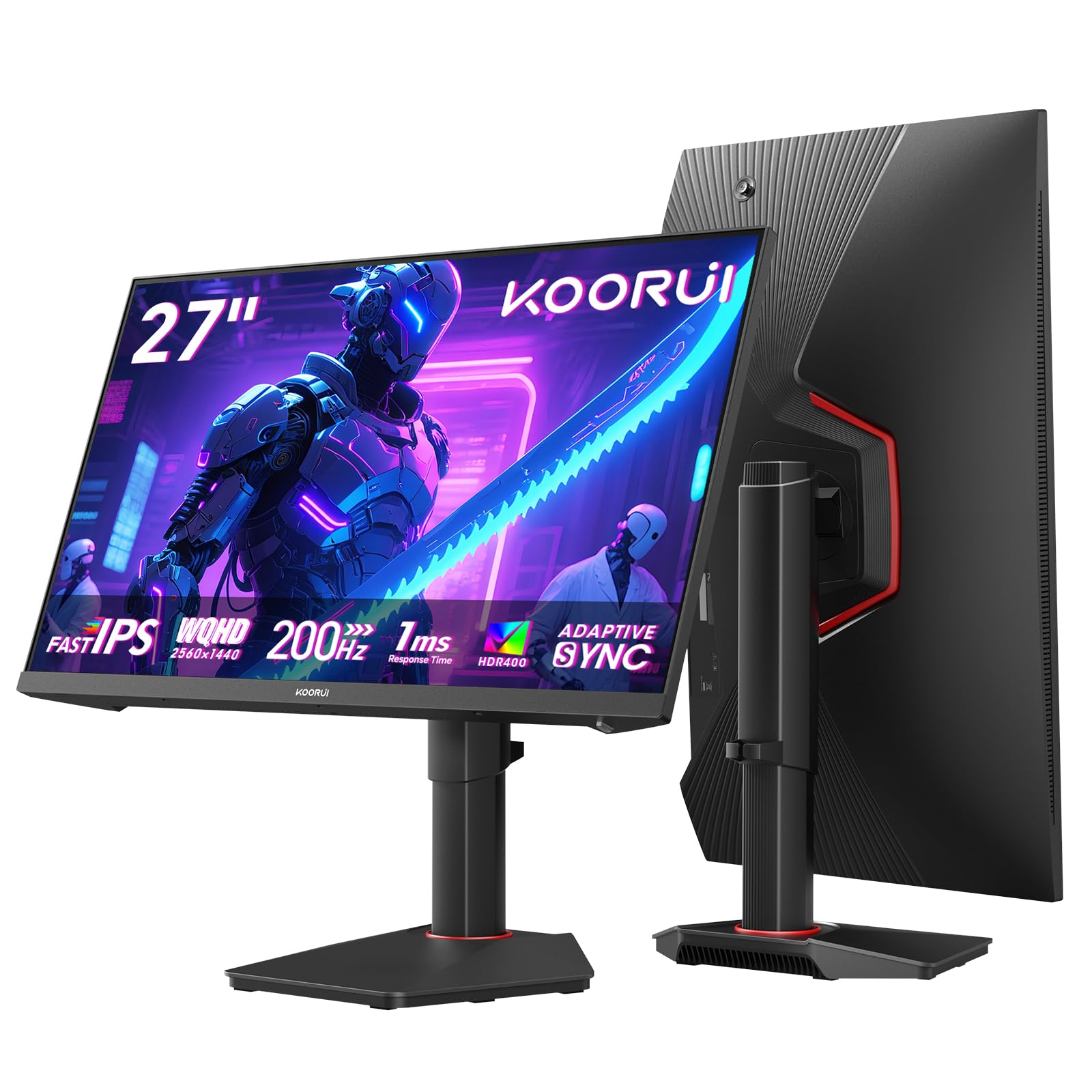 KOORUI 27 Pollici Gaming Monitor, schermo PC Fast IPS QHD 200Hz, Adaptive Sync 1ms, HDR400, HDMI 2.0 e DP 1.4, VESA 75x75 mm, altezza regolabile