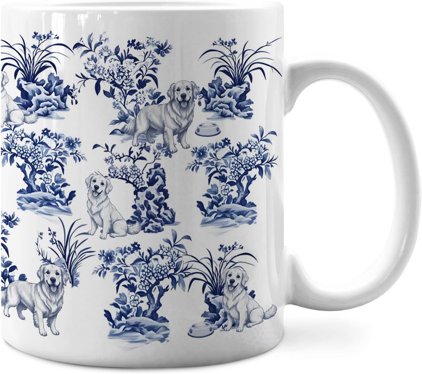 IWXYI Chinoiserie Golden Retriever Dog Mug, Gifts for Golden Retriever Lovers Coffee Mug, Dog Mom Dad Gifts, Blue and White Toile Dogs Ceramic Coffee Cup 11 oz