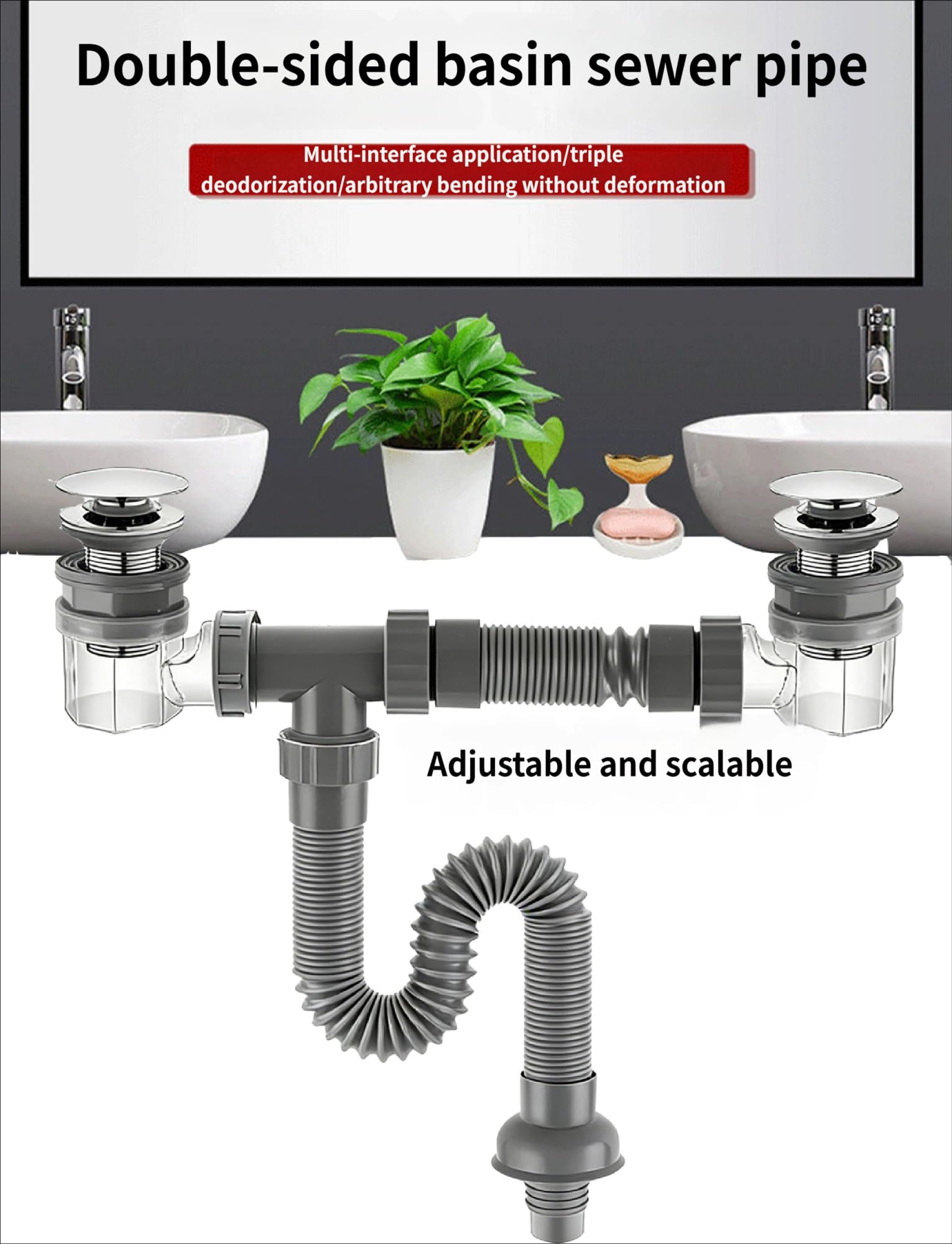 Kit de drenaje de baño for lavabo doble con tapón emergente, juego de tuberías antiolor for lavabo doble, manguera de residuos Flexible, ajuste Universal(Vertical,300cm/118in)