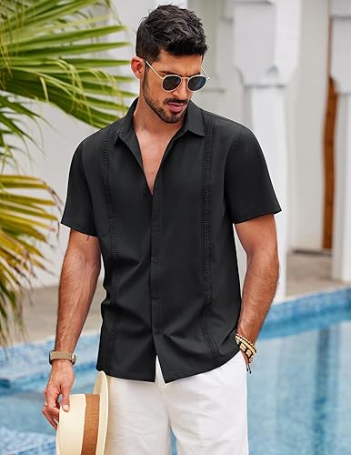 Miniatura 3 de COOFANDY - Camisa guayabera cubana de manga corta para hombre, camisa informal con botones para verano y playa