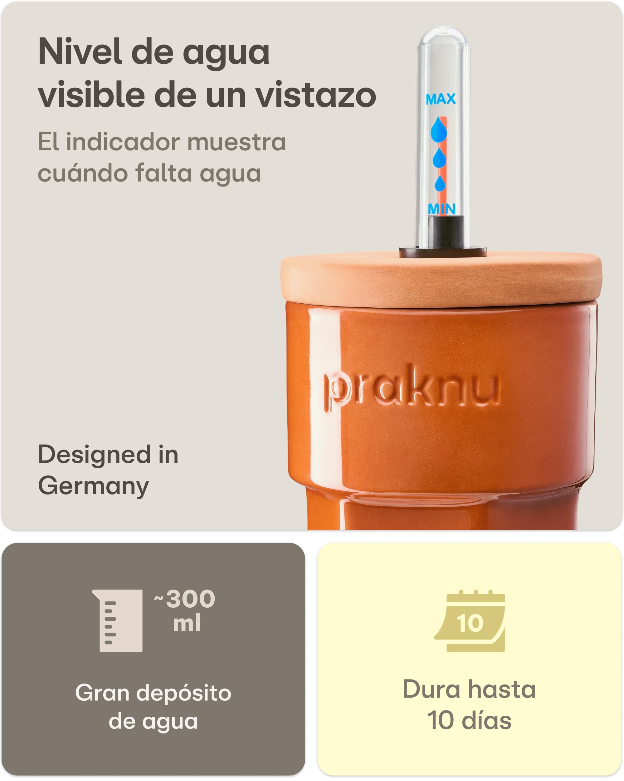 Praknu 3 x Conos de Riego de Terracota con Tapa e Indicador de Nivel de Agua – Hasta 10 Días de Riego Automático – Fácil Limpieza – Dispensador de Agua para Vacaciones