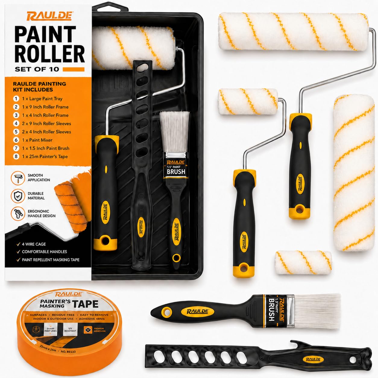 Raulde Assorted Paint Roller Set Of 10 - Paint Rollers And Trays Set - Roller Sets For Painting - Paint Brush And Rollers For Painting - Wall Paint Roller - Home Painting Kit