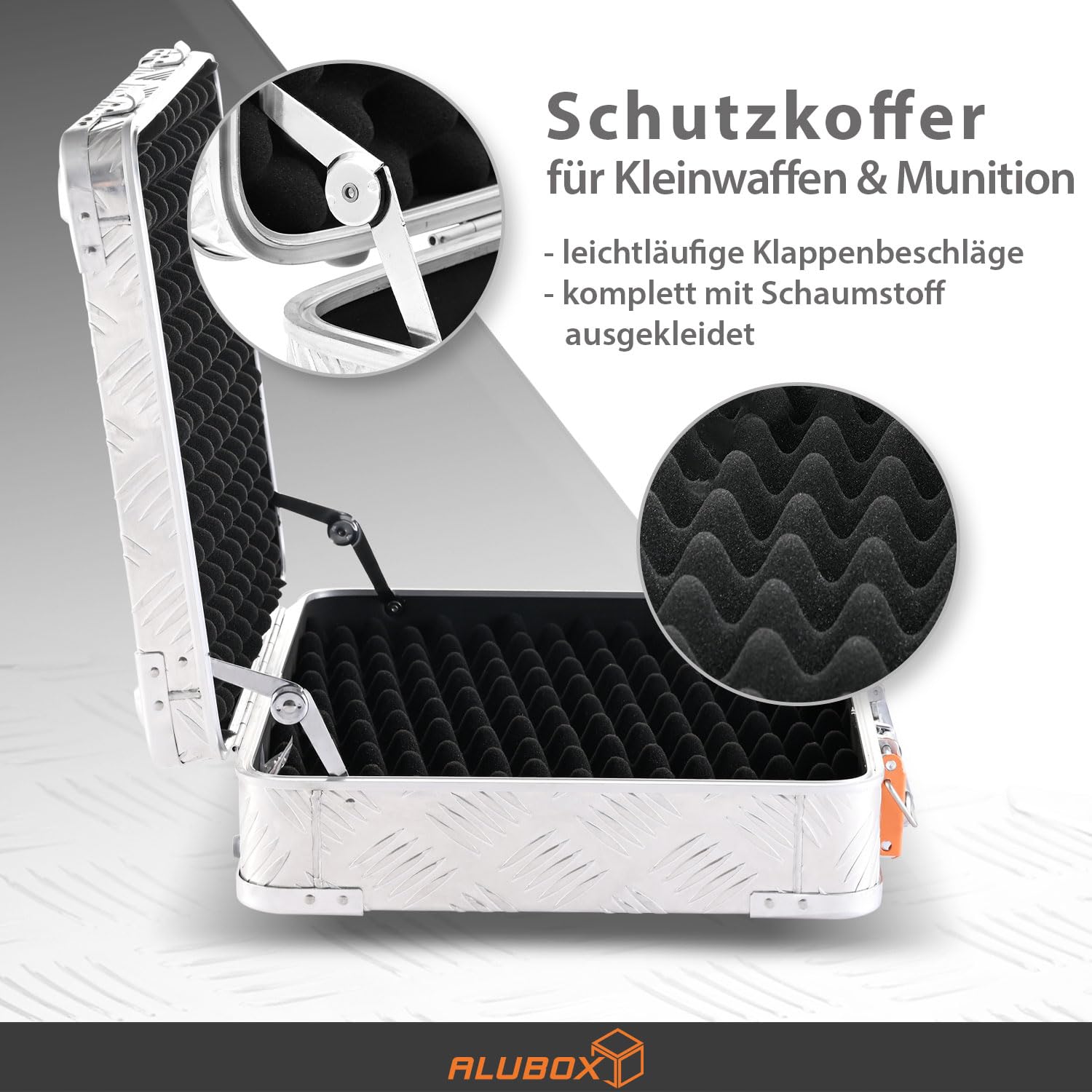 Alubox Pistolenkoffer Schutzkoffer - Pistolen Hartschalenkoffer - 2 Schnallen 2 Schlösser - witterungsbeständiges Riffelblech Aluminium 1,5mm - abschließbar, gepolstert