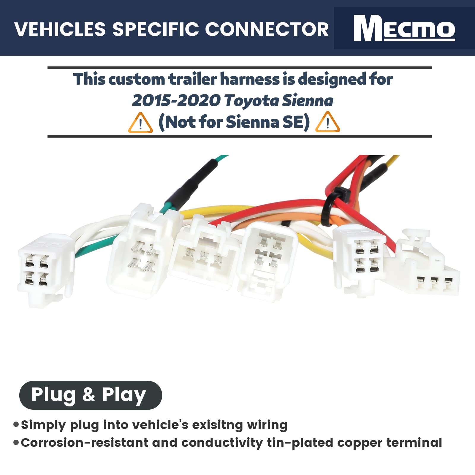 MECMO Arnés de cableado plano de 4 vías para Toyota Sienna 2015-2022, excluyendo SE, conector en T con convertidor de luz trasera alimentado, cableado de enganche plano de 4 polos para el lado del