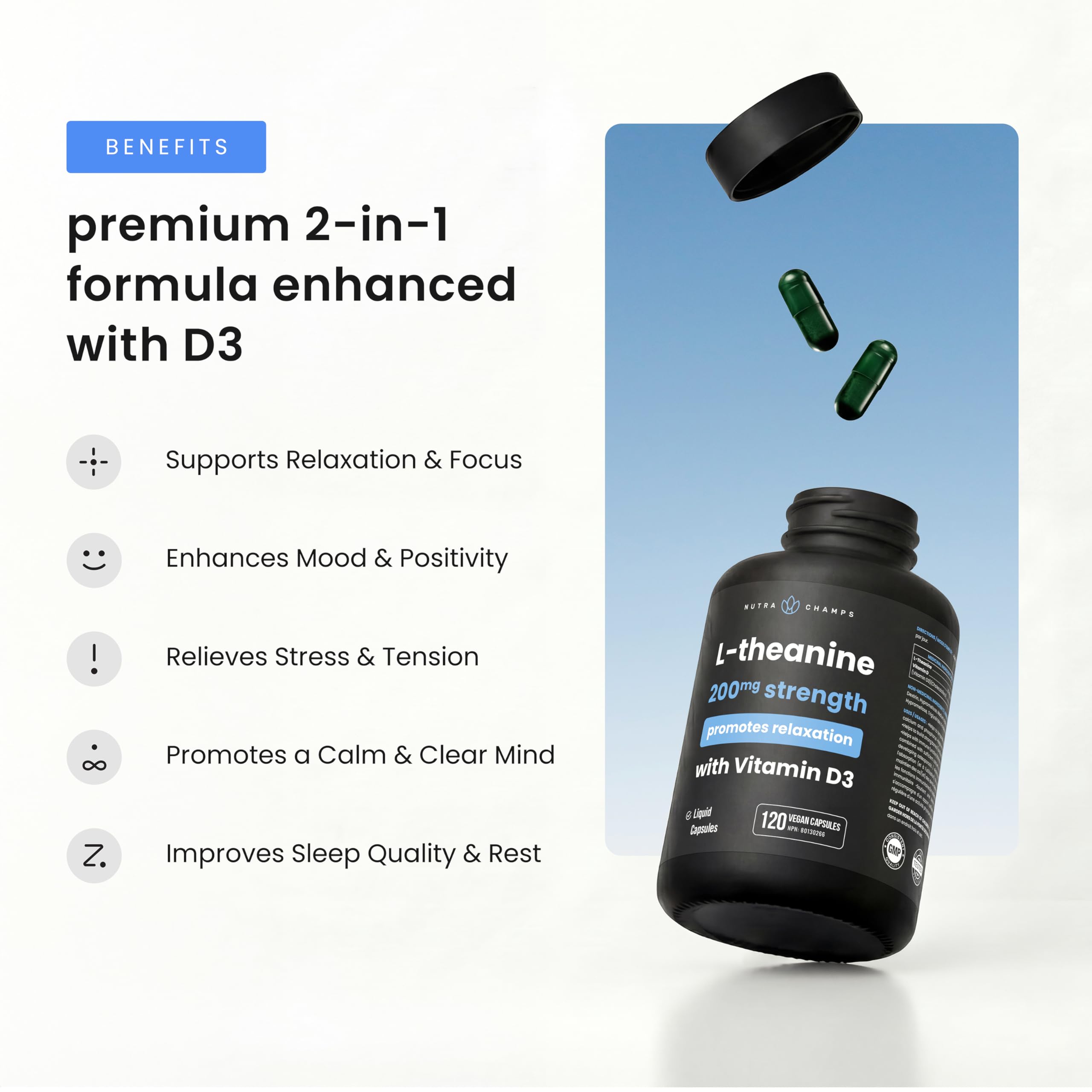 NutraChamps L-Theanine 200mg Capsules | Double-Strength L-Theanine Liquid with Vitamin D3, Organic Coconut Oil | Supports Mood, Focus, Stress Relief | for Kids & Adults | 120 Vegan Capsules — Amazon image 3