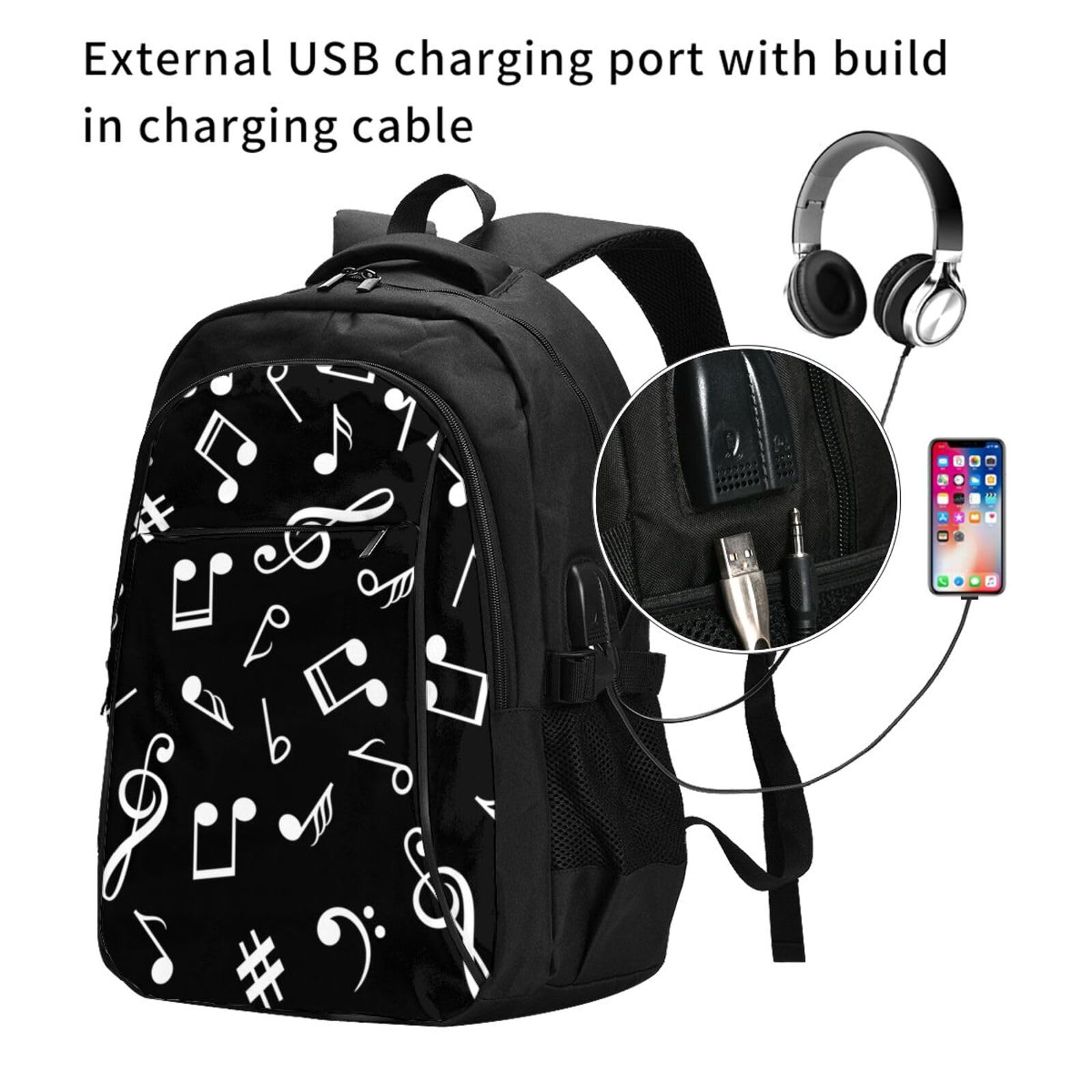 InOmak Schwarze Musiknotenzeichen, Reiserucksack, Freizeitrucksack, Schulrucksack, Laptop-Rucksack für Damen und Herren
