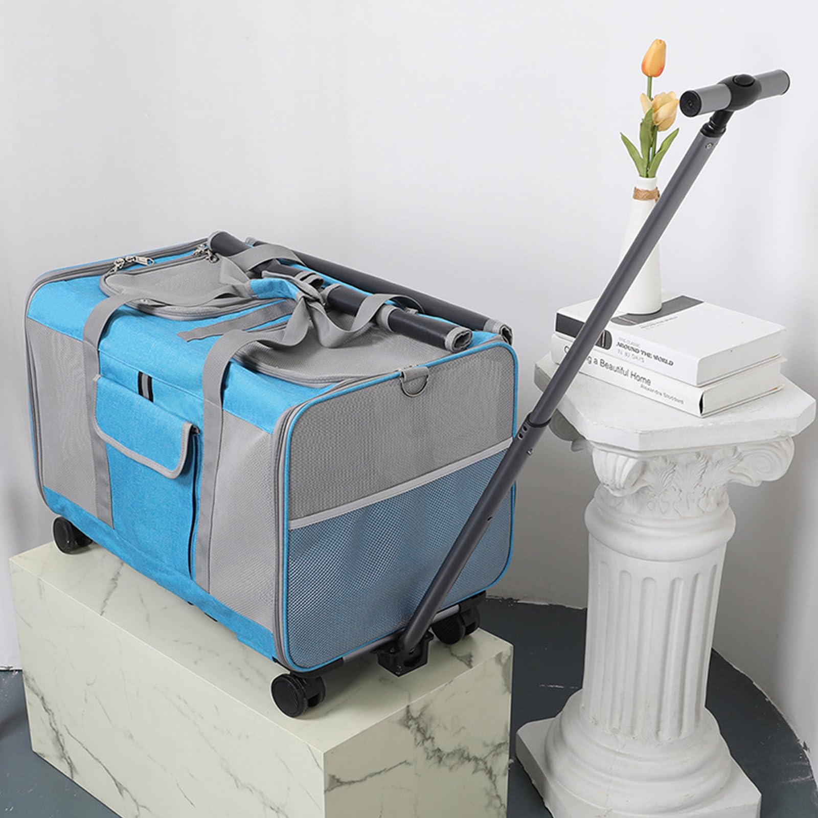 Transportín De Mascotas De Doble Compartimento con Ruedas Desmontables para Gato/Perro, Transportador Rodante para 2 Gatos Pequeños,Perros, Diseño Súper Ventilado,Azul