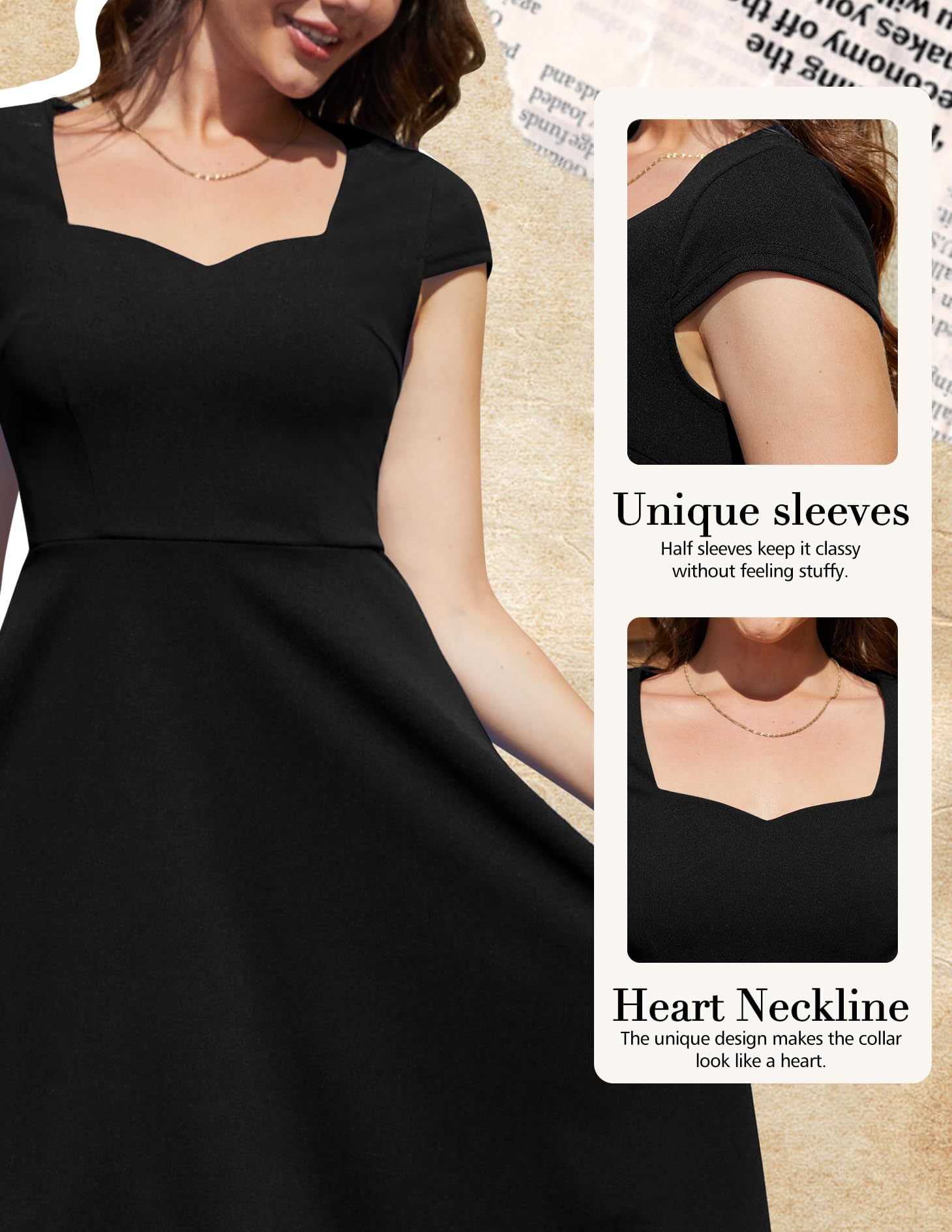 BeryLove Robe de cocktail pour femme - Élégante - Vintage - Rockabilly - Col en cœur - Robe de soirée midi