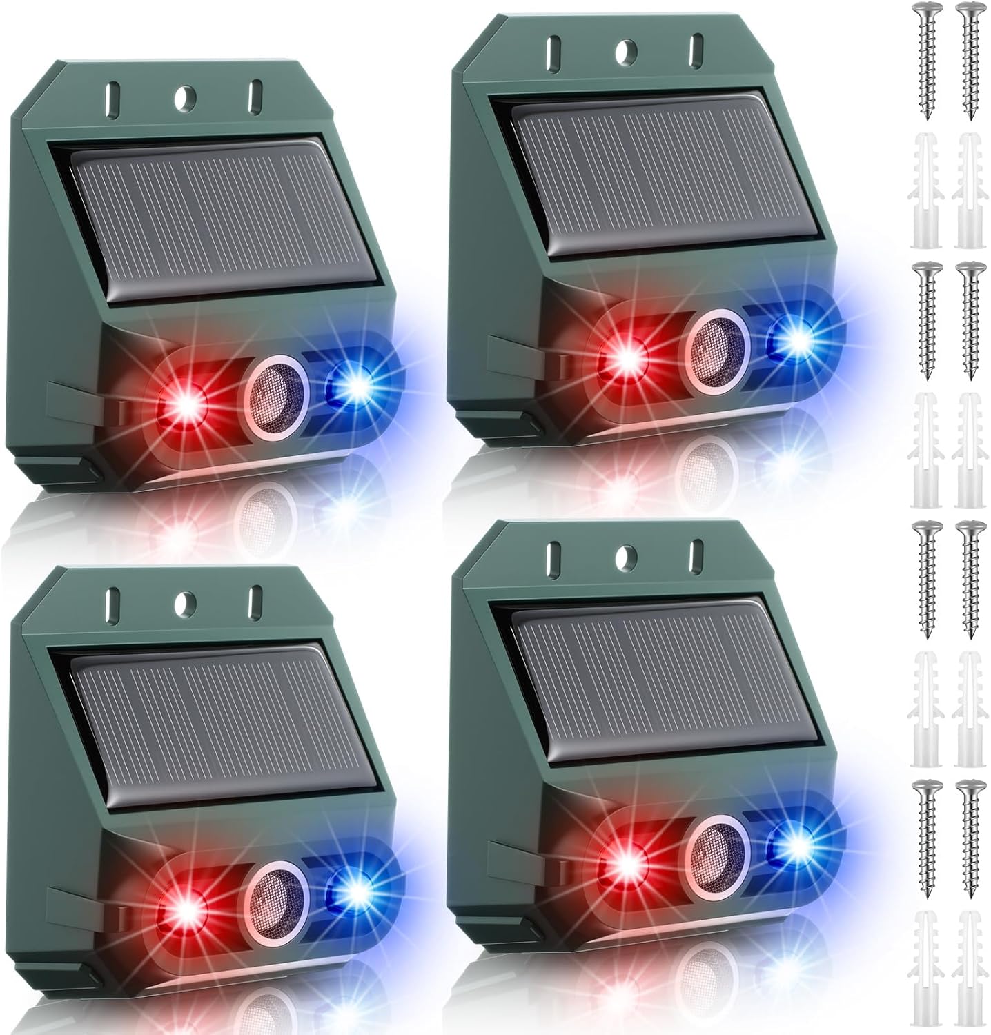 Qualirey 4 Pack Photo voltaic Ultrasonic Repellent Outside Animal Predator Lights Deterrent Movement Mild Sensor Alarm Efficient Night time Animal Repellent for Hen Coop Farm Raccoon Fox Deer