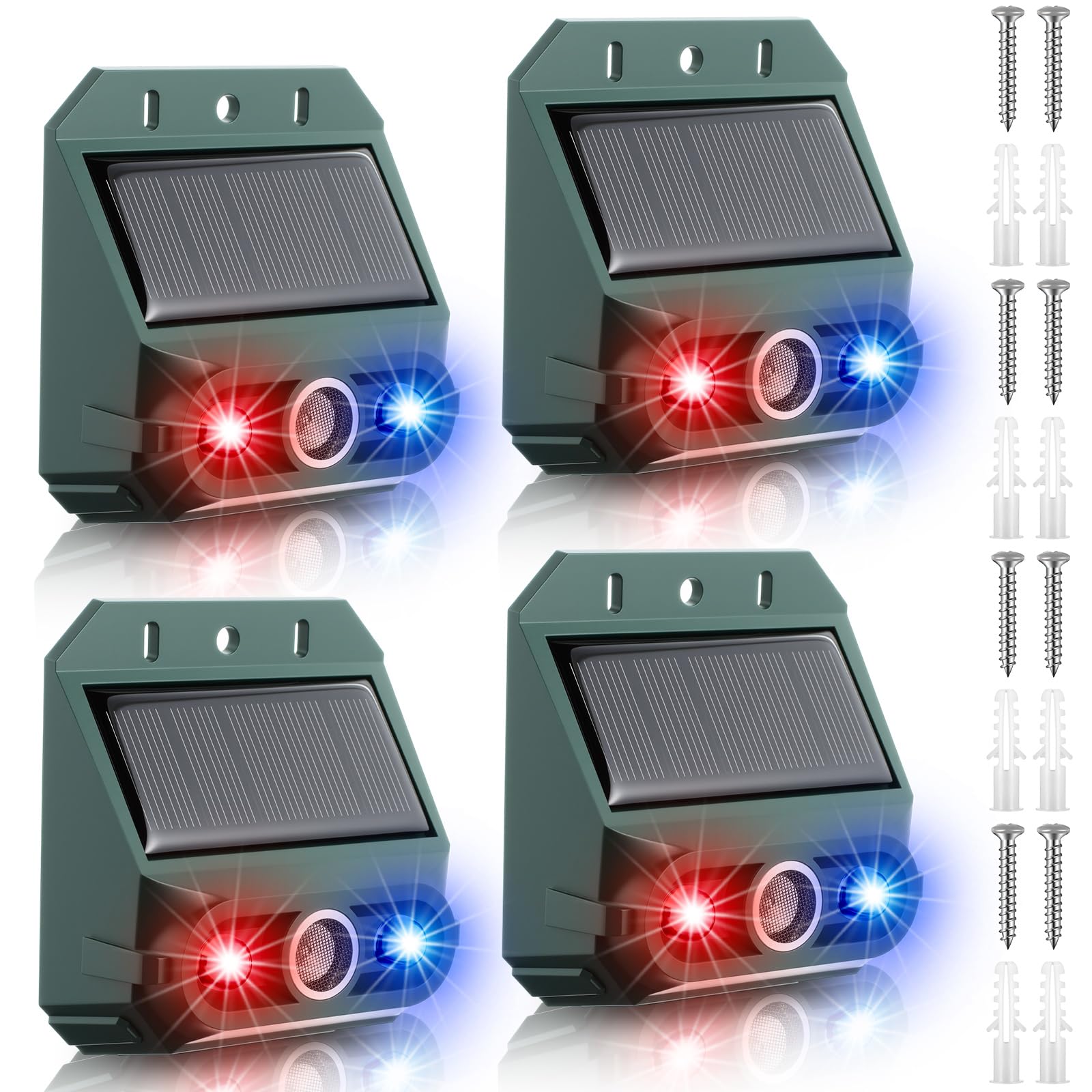 Qualirey Paquete de 4 repelentes solares ultrasónicos para exteriores, luces de depredador de animales, disuasorio, sensor de luz de movimiento, alarma, eficaz repelente de animales nocturnos para