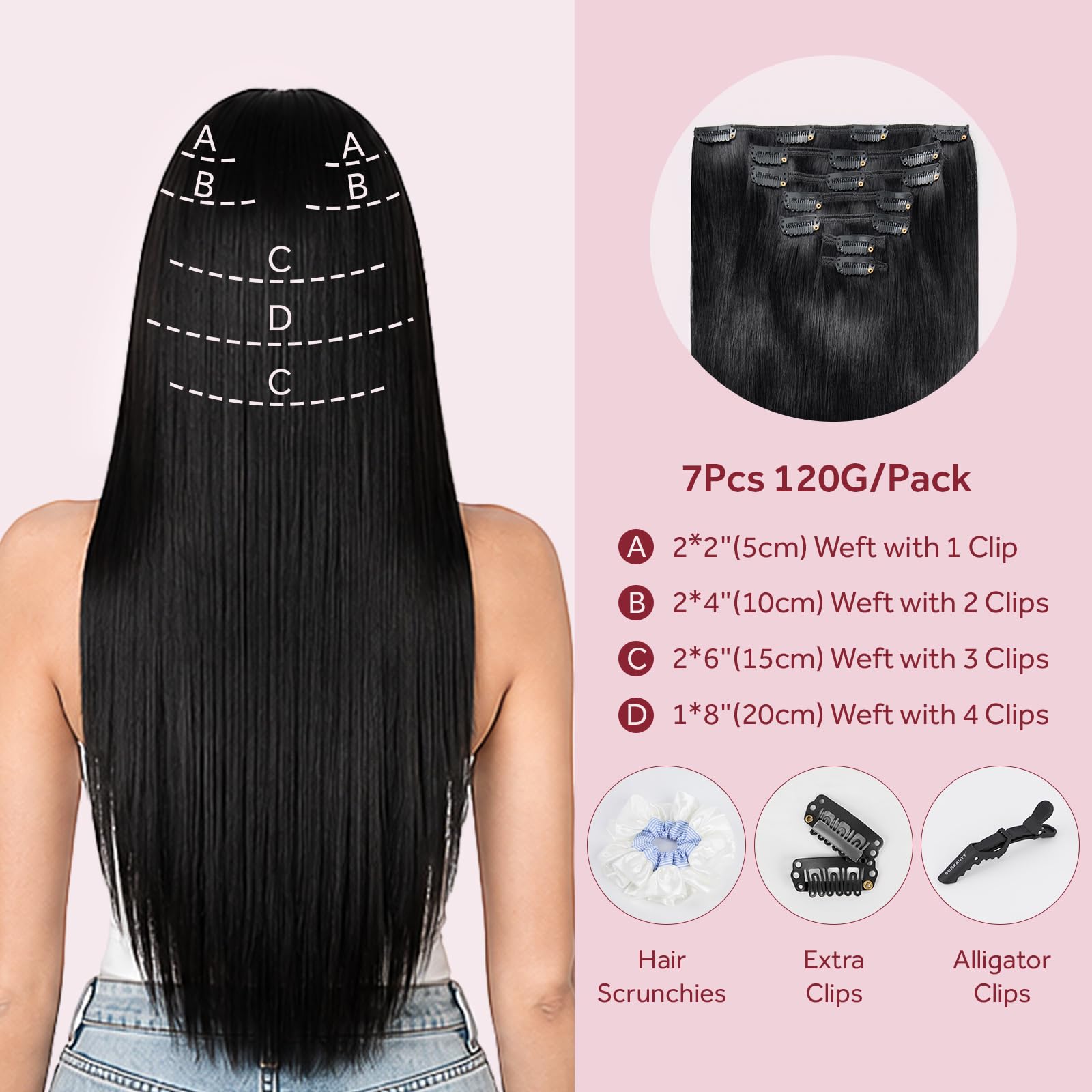 Echthaar Clip In Extensions Schwarz #1, Natürliches Volumen 50cm | 120g 7Pcs Tiefschwarz Echthaare mit Unsichtbare Klipps für Volle Kopfabdeckung