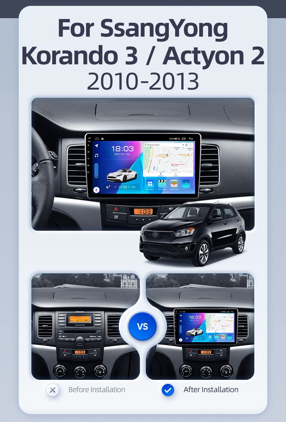 SsangYong Korando 3 Actyon 2 2010-2013 Android 12 Autoradio GPS Navigazione 9 pollici Touchscreen Bluetooth WiFi