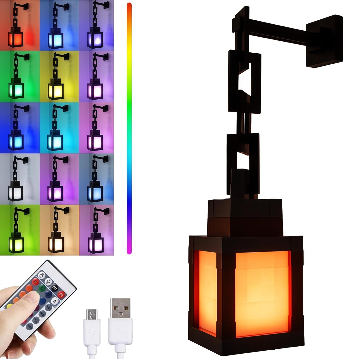 Pixelated Lantern LED Night Light,16 Colors Rechargeable LED Lamp with Remote, Rechargeable Retro Table/Wall Night Lamp,for Bedroom Gaming Kids ,Home Decoration and Children's Gifts (with Chain)