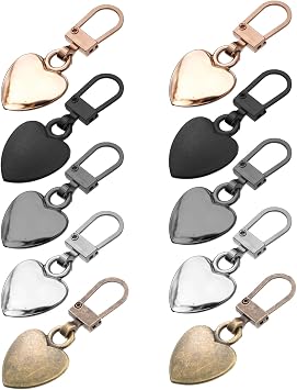 Xinjoduz 10 PCS Zipper Pull Charm, 1.6 Inch Heart Shaped Zipper Replacement Detachable Metal Zipper Pull Tabs Zipper Lock for Backpacks Coats Pants Suitcase Purse Luggage Fasteners5 Color