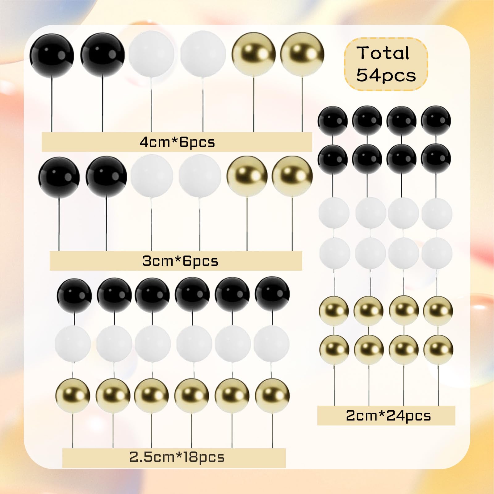 54Pcs Cake Toppers Ball, Black Gold Ball Cake Decorations, Mini Gold Balloon for Cupcakes, Cake Topper Ball for Wedding Birthday Halloween Party Cake (Black, White, Gold)