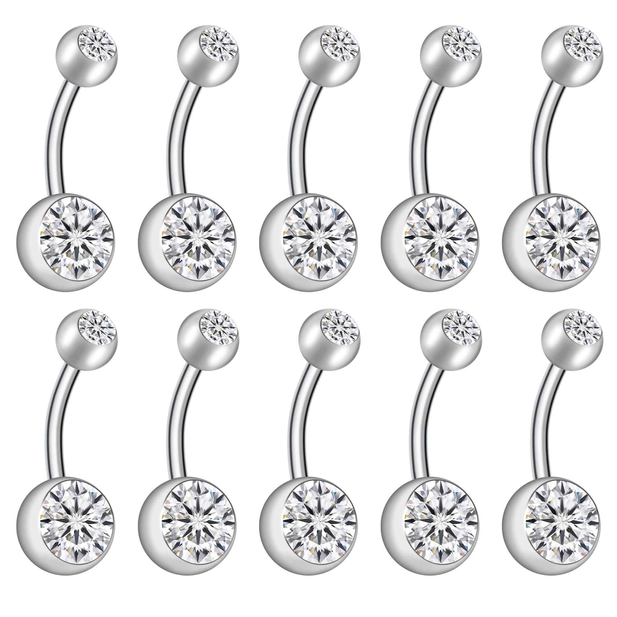 14G Belly Button Ring Body Jewelry Piercing 10 Pack, Stainless Steel Silver Belly Button Ring for Women