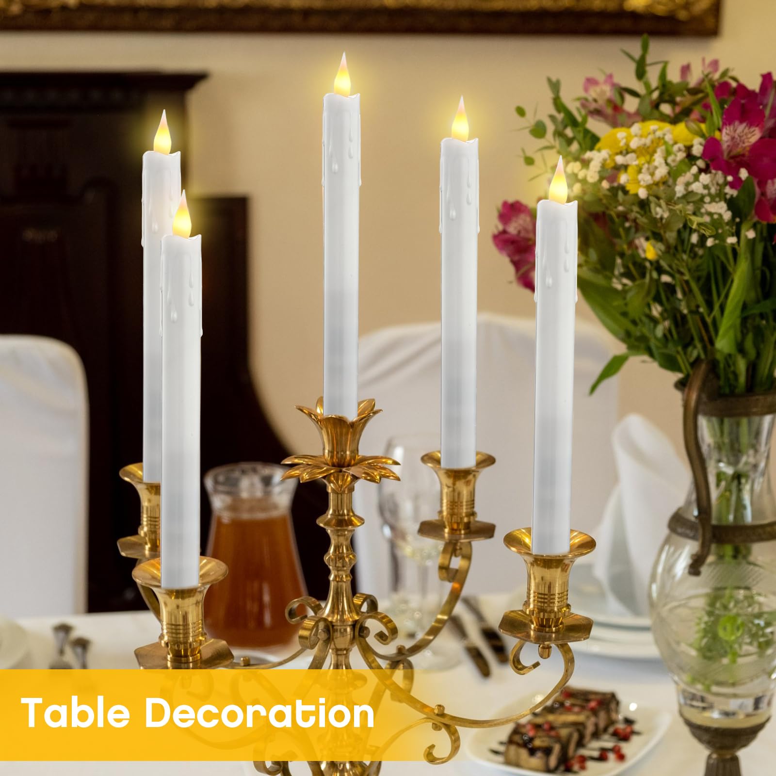 Baquler Lot de 24 bougies coniques sans flamme à piles - Simulation de cire qui coule - Bougies LED vacillantes pour mariage, Saint-Valentin, dîner, décoration d'intérieur - Blanc