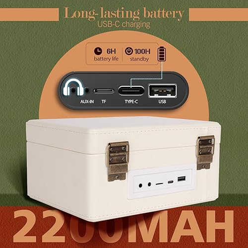 Miniatura 4 de RetroBeat Time Vintage - Caja de música portátil - CD con altavoces, transmisor Bluetooth, recargable, USBAUX, regalo multimodo (blanco)