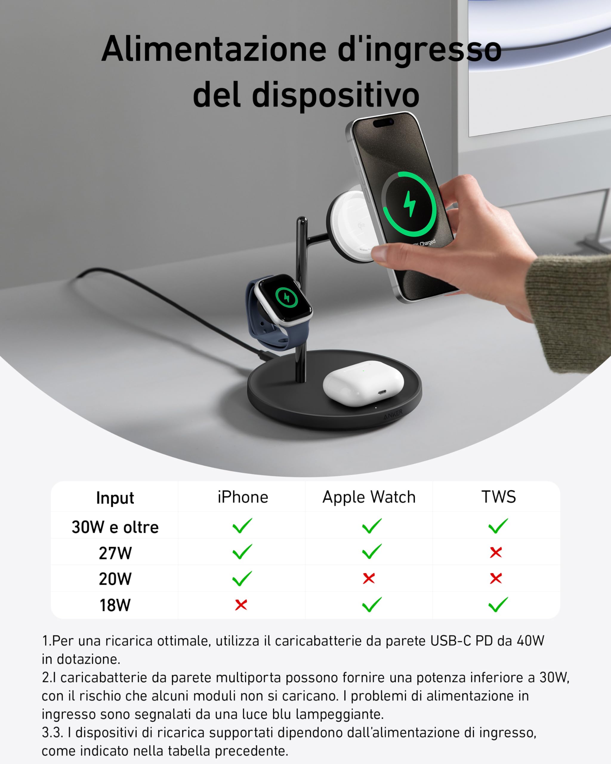 Anker Caricatore Wireless iPhone Magnetico 3 in 1, Certificata Qi2 15W Compatibile con MagSafe, per iPhone 17 Pro Max/Serie 16-12, AirPods Pro, Apple Watch Ultra (Caricatore USB C e Cavo Inclusi)