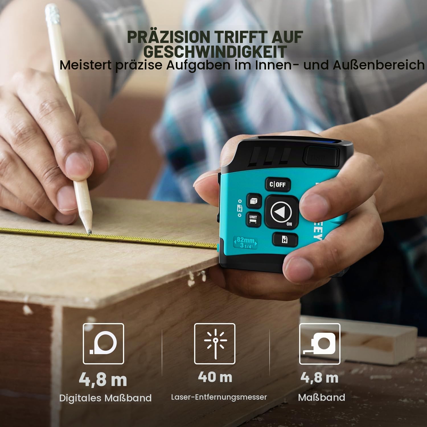 MiLESEEY 3-in-1 Digitales Maßband, 40 m Laser Entfernungsmesser (DT20) | Echtzeit-Digitalanzeige, Einheit FT/FT+in/in/M, Pythagoras-Modus, Messen von Entfernung, Fläche und Volumen