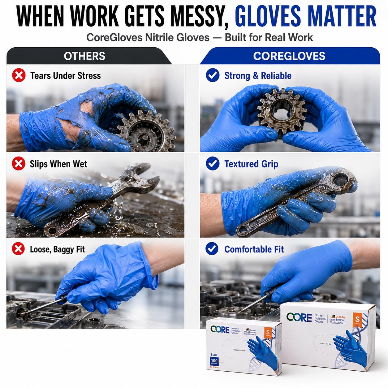 CoreGloves Guantes industriales desechables de nitrilo sin polvo sin látex con mango texturizado