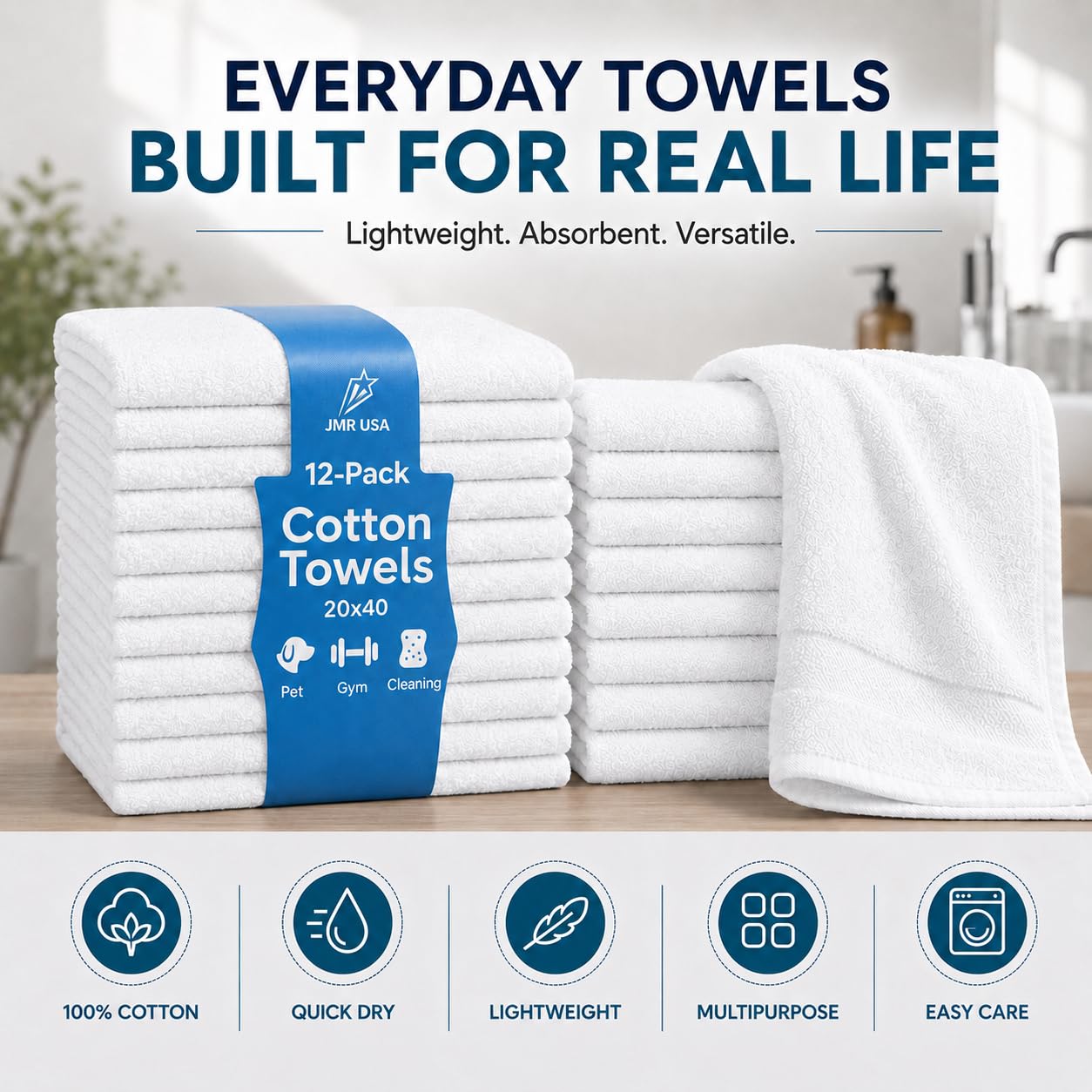 JMR Essentials - Juego de 36 Toallas de algodón, prácticas y versátiles, absorbentes, de Secado rápido, Suaves, Ligeras para Piscina, Gimnasio, SPA (Blanco)