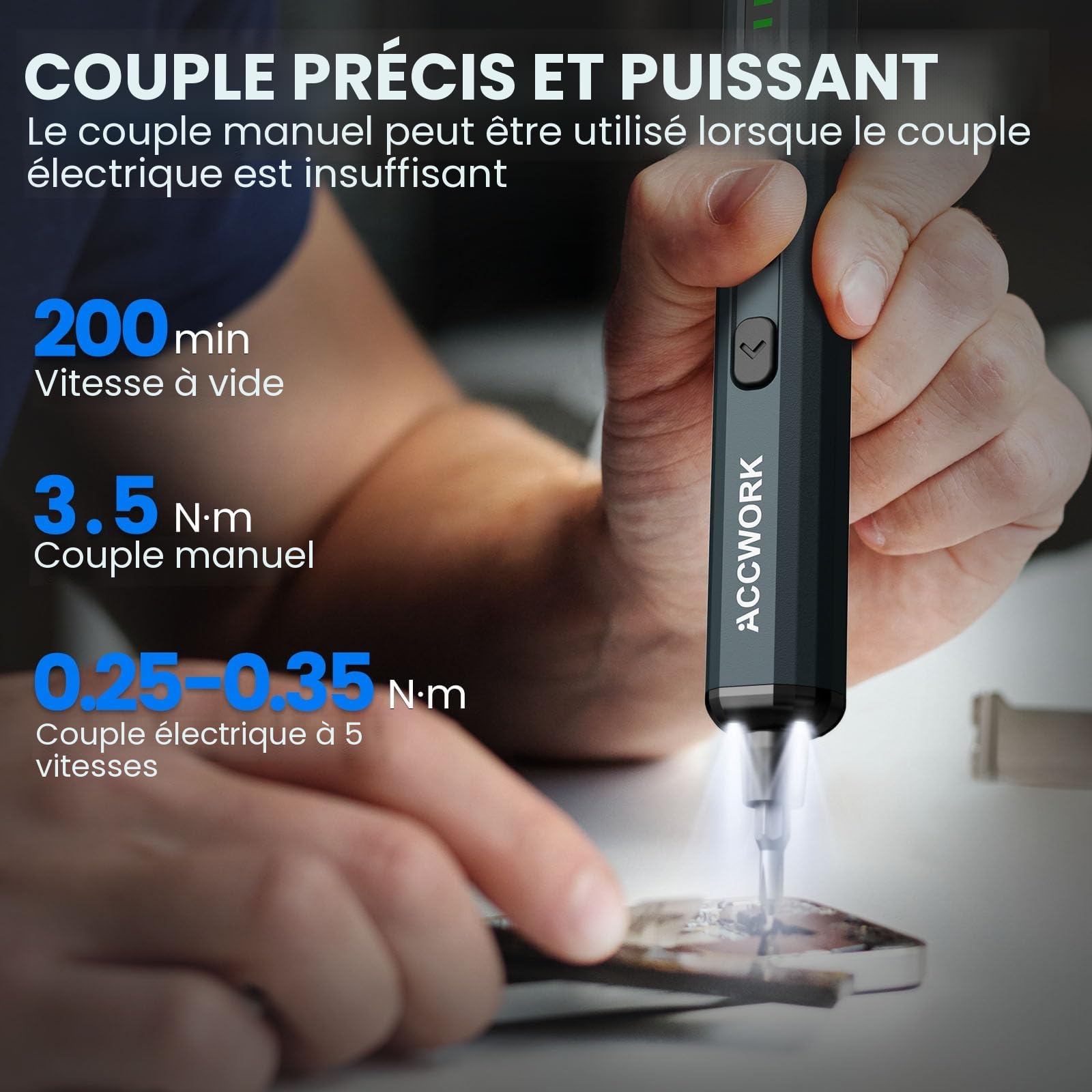 Accwork Tournevis électrique de précision 68 en 1 - Avec 64 embouts magnétiques S2-5 vitesses - Écran LED magnétique - Pour ordinateur portable, lunettes, montres
