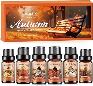 Autumn Essential Oils Set, 6 Premium Fall Fragrance Oils for Diffuser for Home, Aromatherapy Oils for Pumpkin Crunch Cake, Apple Pie, Flannel, Marshmallow, Magic,Leaves Scents for Soap Candle Making