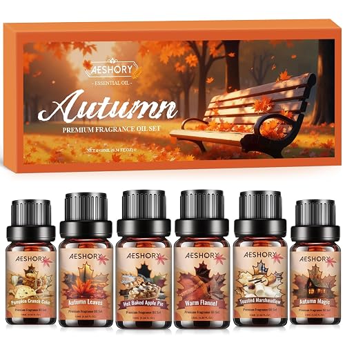 AESHORY Kit Huiles Essentielles d'automne 6 x 10ML, Huile Essentielle Automne Aromathérapie pour Diffuseur, Gâteau Croustillant à la Citrouille, Guimauve Grillée, Feuilles, Tarte aux Pommes Chaude - Automne