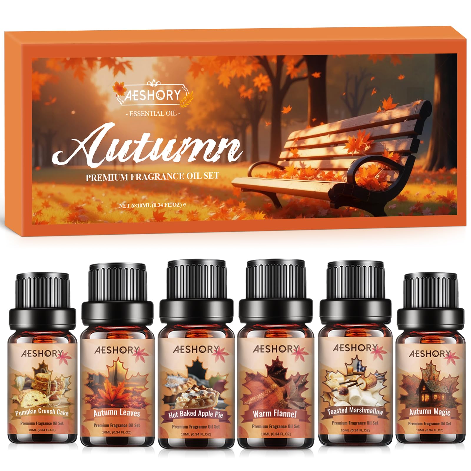 AESHORY Herbst Ätherische Öle Set für Diffuser 6 x 10ML, Aromatherapie Duftöl Geschenkset für SPA, Kerzenherstellung - Kürbis-Knusper-Kuchen, Herbstlaub, Gerösteter Marshmallow, Heißer Bratapfelkuchen