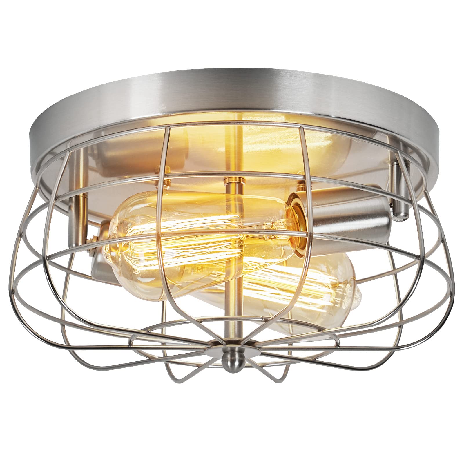 Flush Mount Ceiling Light Brushed Nickel Ceiling Light Fixtures 2-Light Kitchen Light Fixtures Ceiling Modern Metal Cage Ceiling Light for Hallway, Foyer Bedroom Living Room Laundry