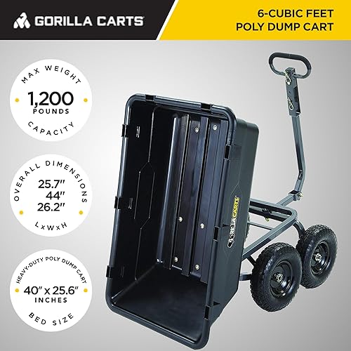 Vista 3 de Gorilla Carts - Carro de jardín de polietileno resistente, para patio, mango convertible 2 en 1, capacidad de 1200 libras, modelo GOR6PS