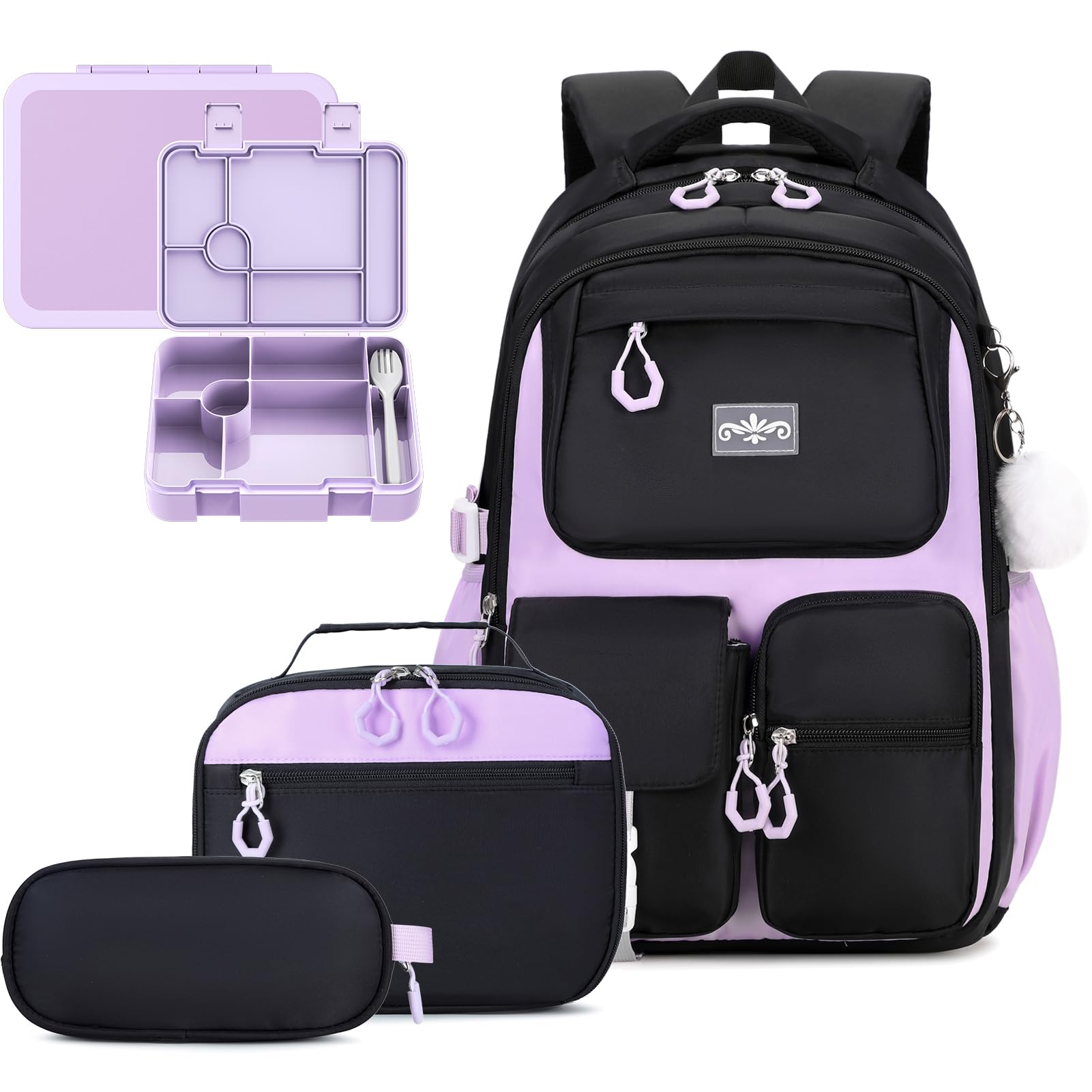4pcs Girls Backpack Set Backpacks for Girls with 43OZ Bento Lunch Box Lunch Bag for Teens Elementary Middle