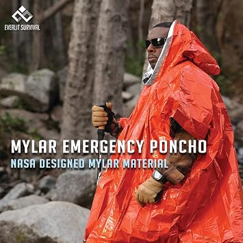 Everlit Survival Rain Poncho - Mylar Space Blanket for Camping Gear - Retains 90% Body Heat - Emergency Blanket