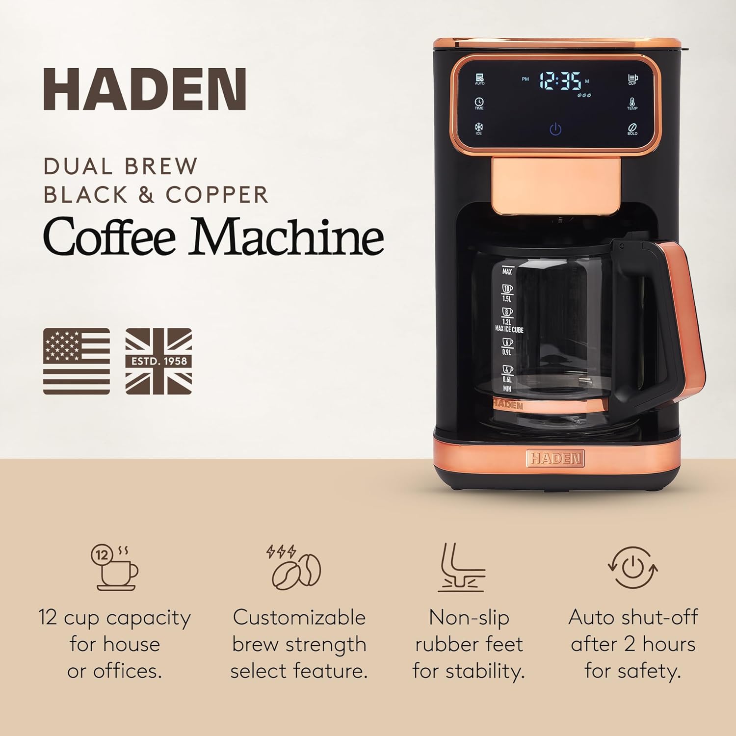 Haden Dual Brew 12 Cup Hot and Iced Coffee Maker with 120 Minute Keep Warm, Delay Brew, Adjustable Strength, Programmable Clock, and Anti Drip, Black