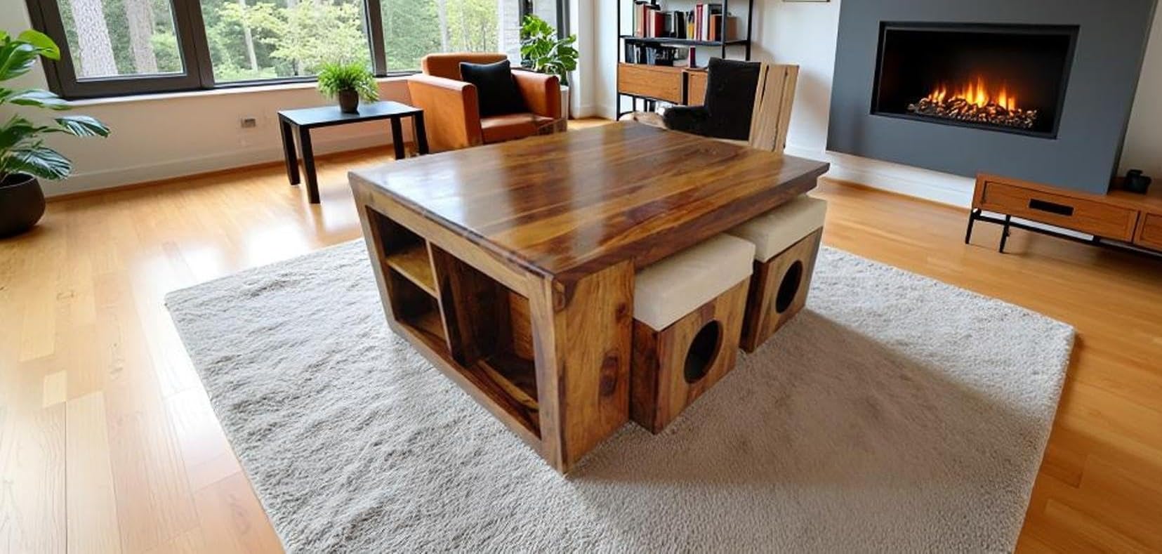 AMD ARTS Sheesham Wood Center Coffee Table with 4 Cushioned Stool Wooden Teapoye Table for Living Room Home (Natural Finish)-image-20