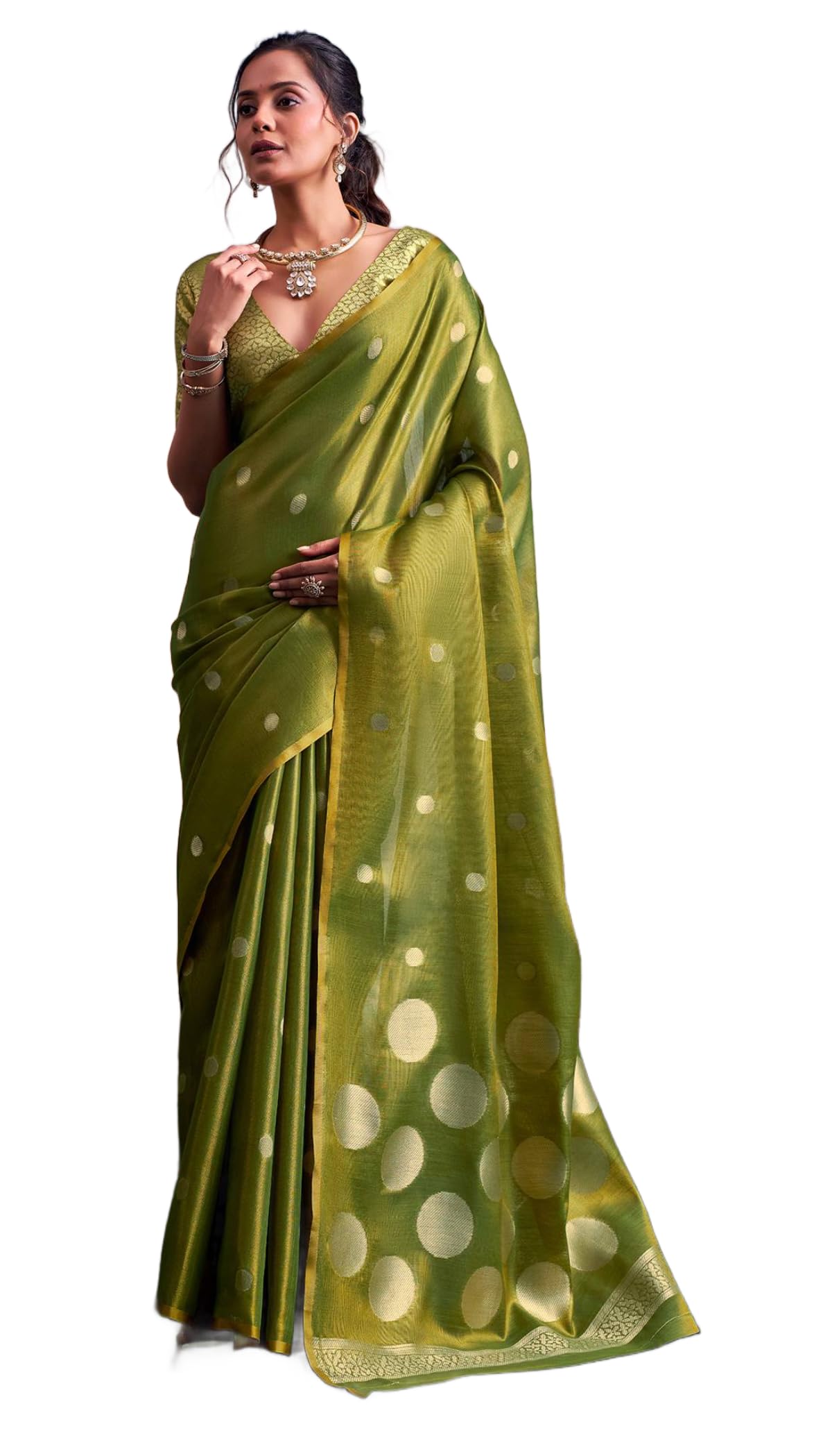 SWORNOF Gold-Toned Woven Design Tissue Saree With Unstitched Blouse Piece-image-36