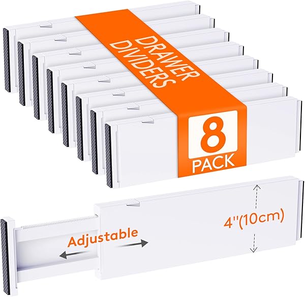 Lifewit 8 Pack 4" High Drawer Dividers 34-56cm/13.5-22" Adjustable Drawer Organizer for Clothes/Utensils, Expandable Drawer Separator in Dresser/Kitchen/Bedroom/Office Organization & Storage White