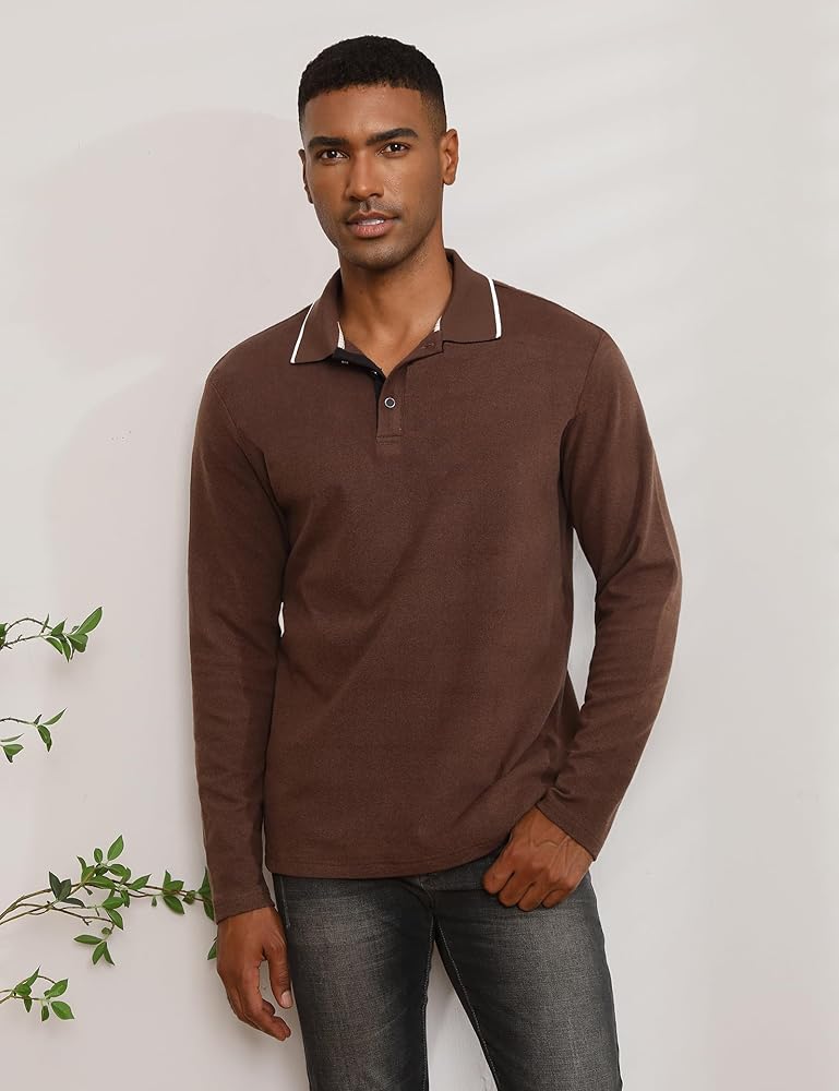 Thkzn Men's Polo Shirts Fleece Lined Long Sleeve Button Down Knit