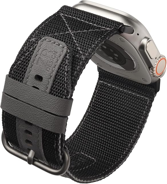 XIAOJU Rugged Military Apple Watch Sport Strap Compatible with Apple Watch Bands 49mm 45mm 44mm 42mm, Leather and Nylon Braided Iwatch Straps for Iwatch Series Ultra SE 2/8/7/6/5/4/3/2/1/SE, Black