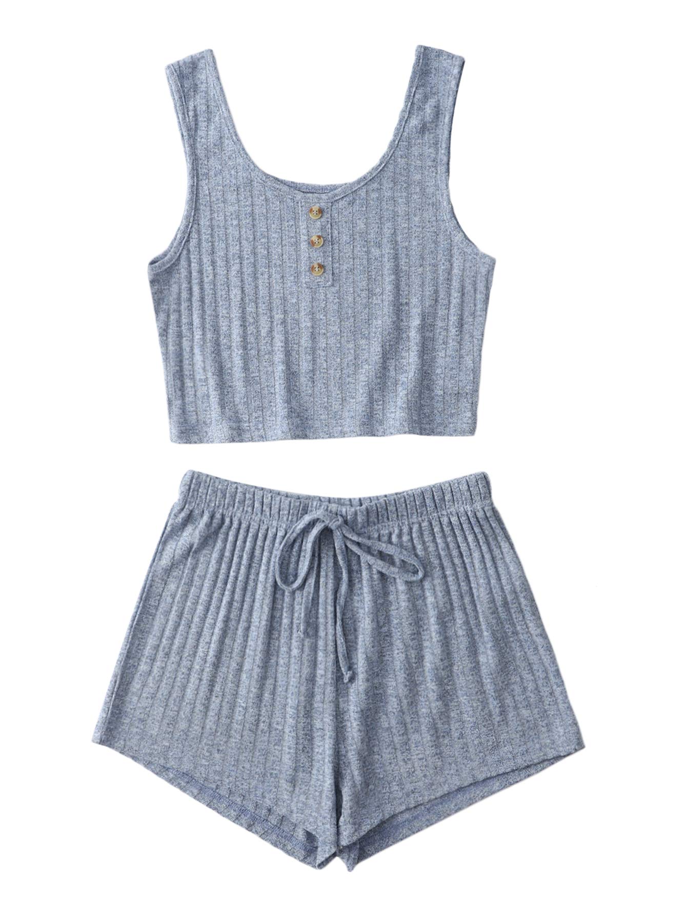 SOLY HUX Women's Button Front Ribbed Knit Tank Top and Shorts Pajama Set Sleepwear Lounge Sets Blue M
