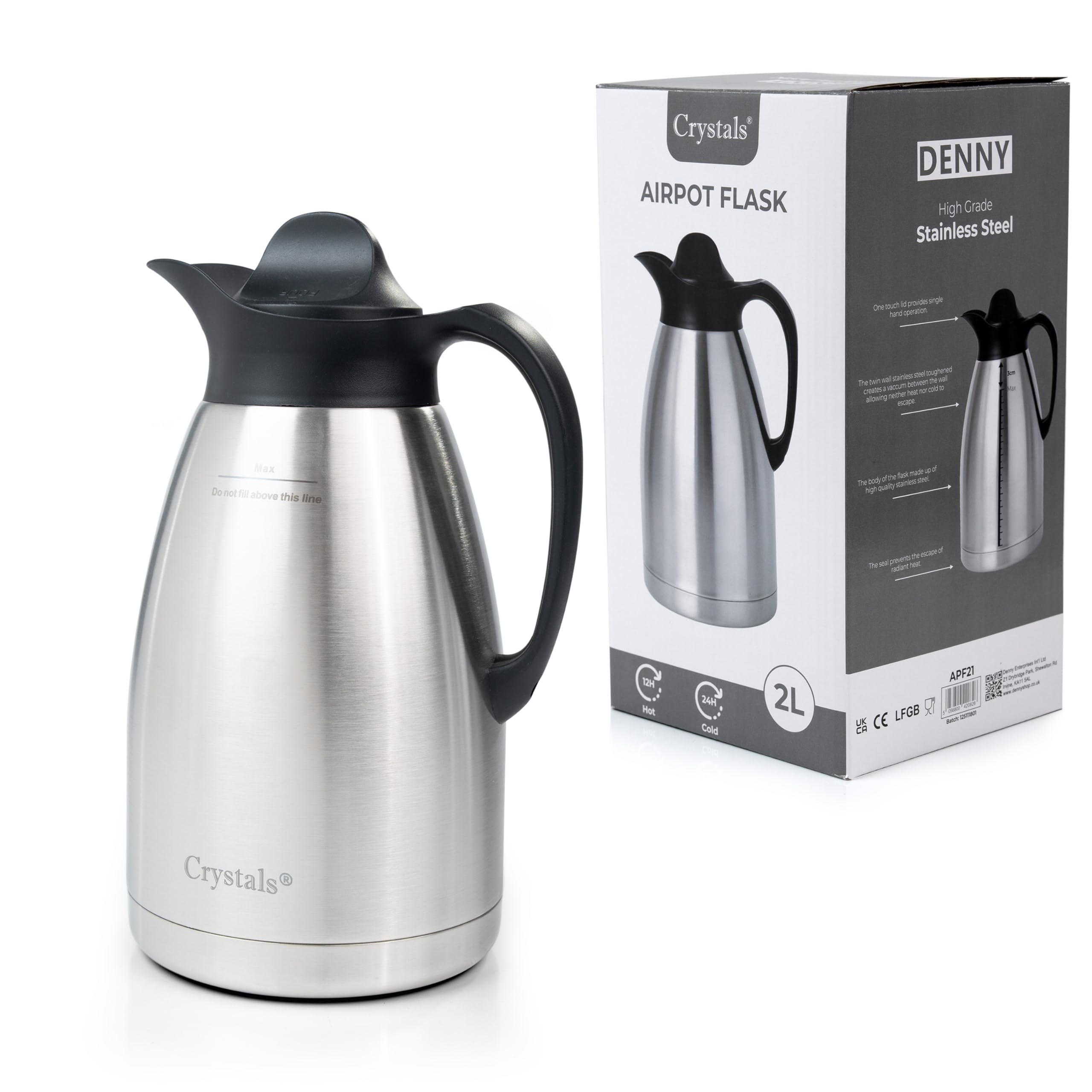 Crystals 2L Thermal Coffee Carafe Jug, Stainless Steel Insulated Vacuum Coffee Pot Flask for Tea Hot and Cold Drinks, Upto 12 Hours Hot, 24 Hours Cold, Silver (Lid Style)