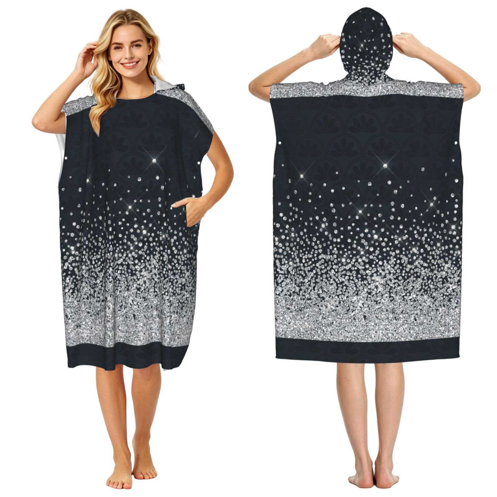 Poadnly Black Silver Glitter Diamond Sparkly, Adult Hooded Beach Towel 90 x 110 cm,Changing Bath Robe, Surf Poncho Towel For Women Men