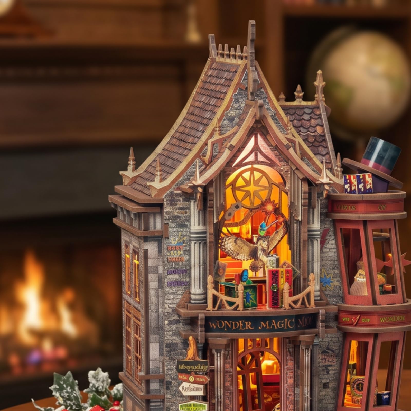 Casa en Miniatura con Luces Maqueta Kit Ornamento Madera Decorativo y Base Estable Adecuada para Escritorio Estantería Rincón de Lectura