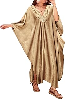 Bsubseach Women Solid Color Cover Up V Neck Batwing Sleeve Plus Size Beach Kaftan Dresses